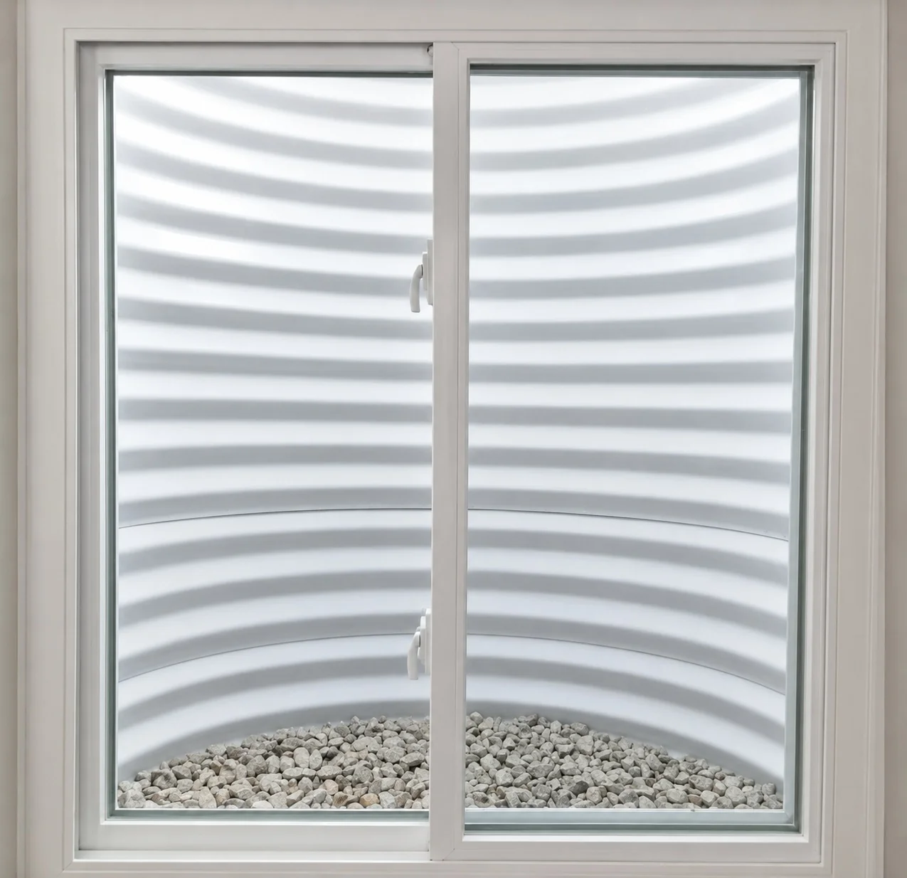 New white vinyl basement replacement window with galvanized well outside