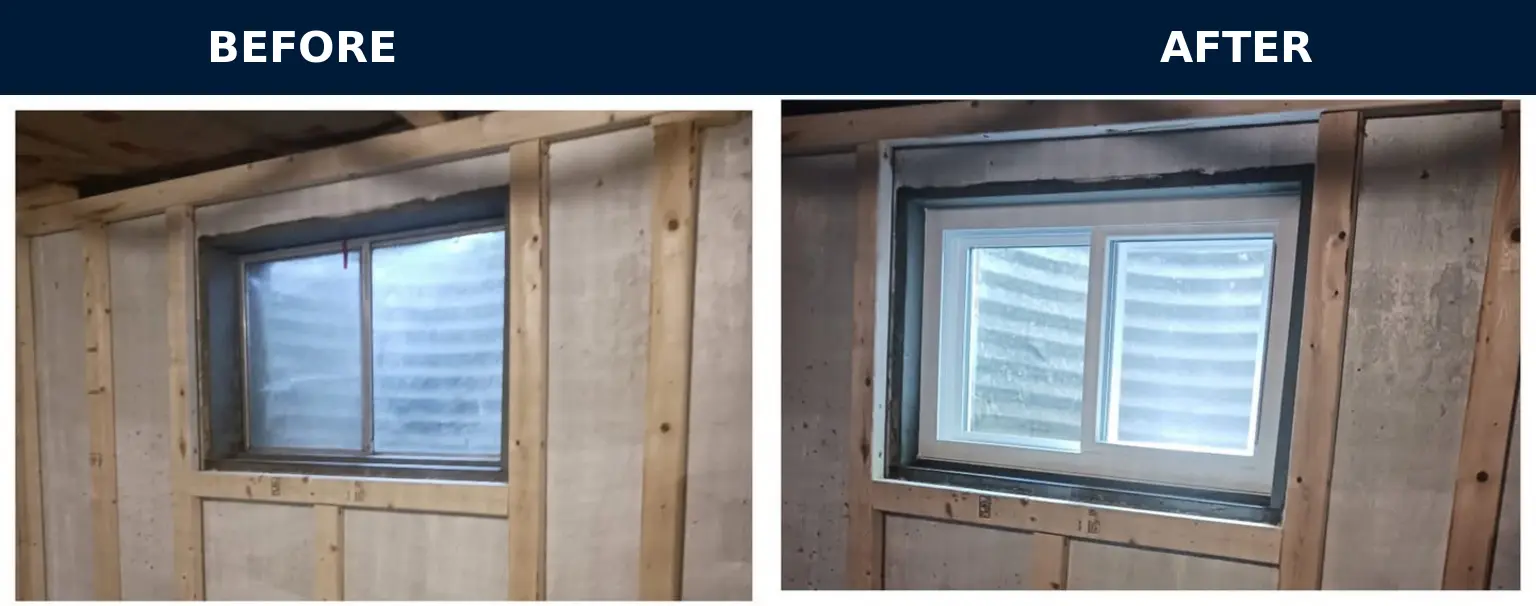 Before and after of a basement window replacement in an unfinished basement