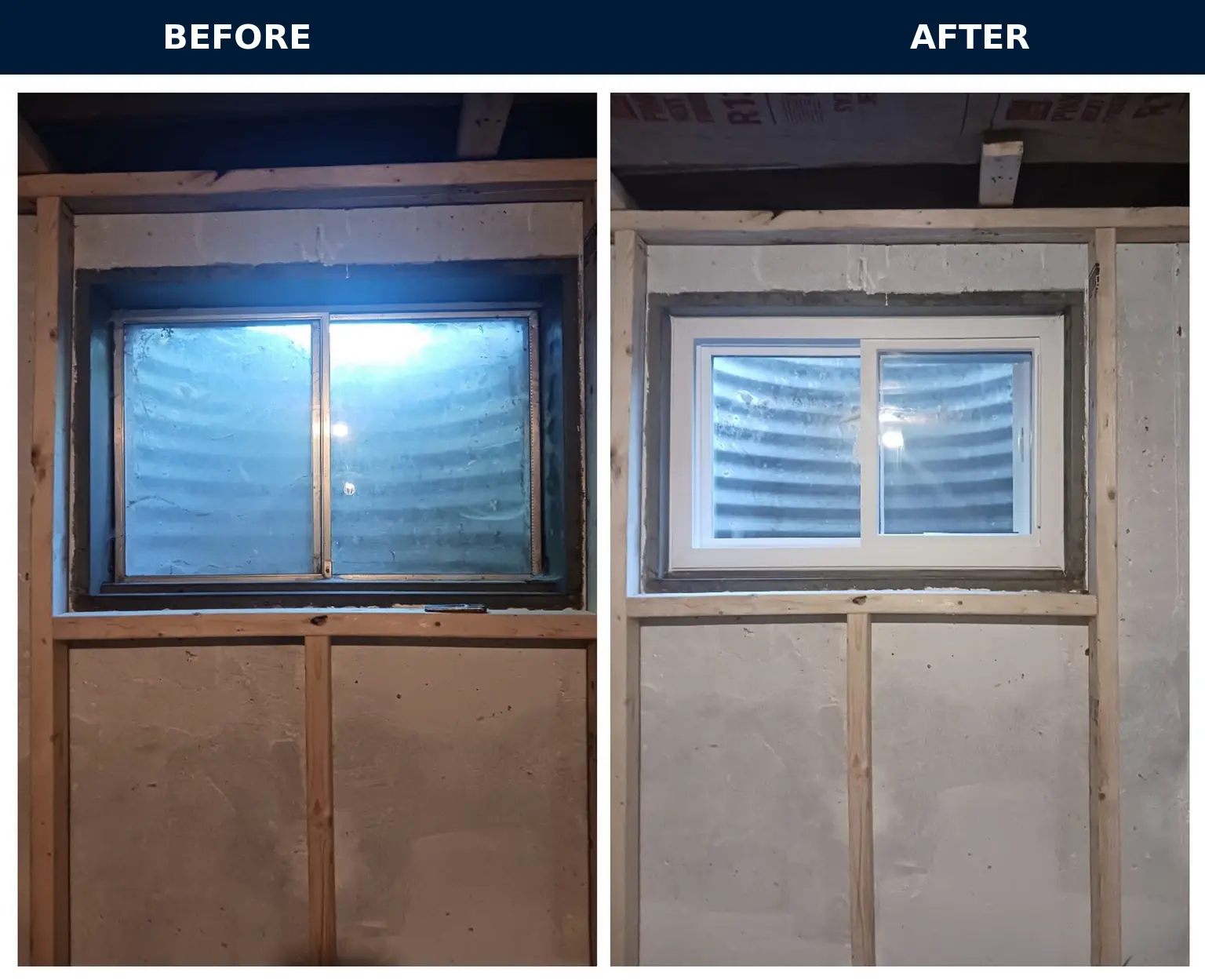 Before and after of a basement window replacement in a framed basement wall