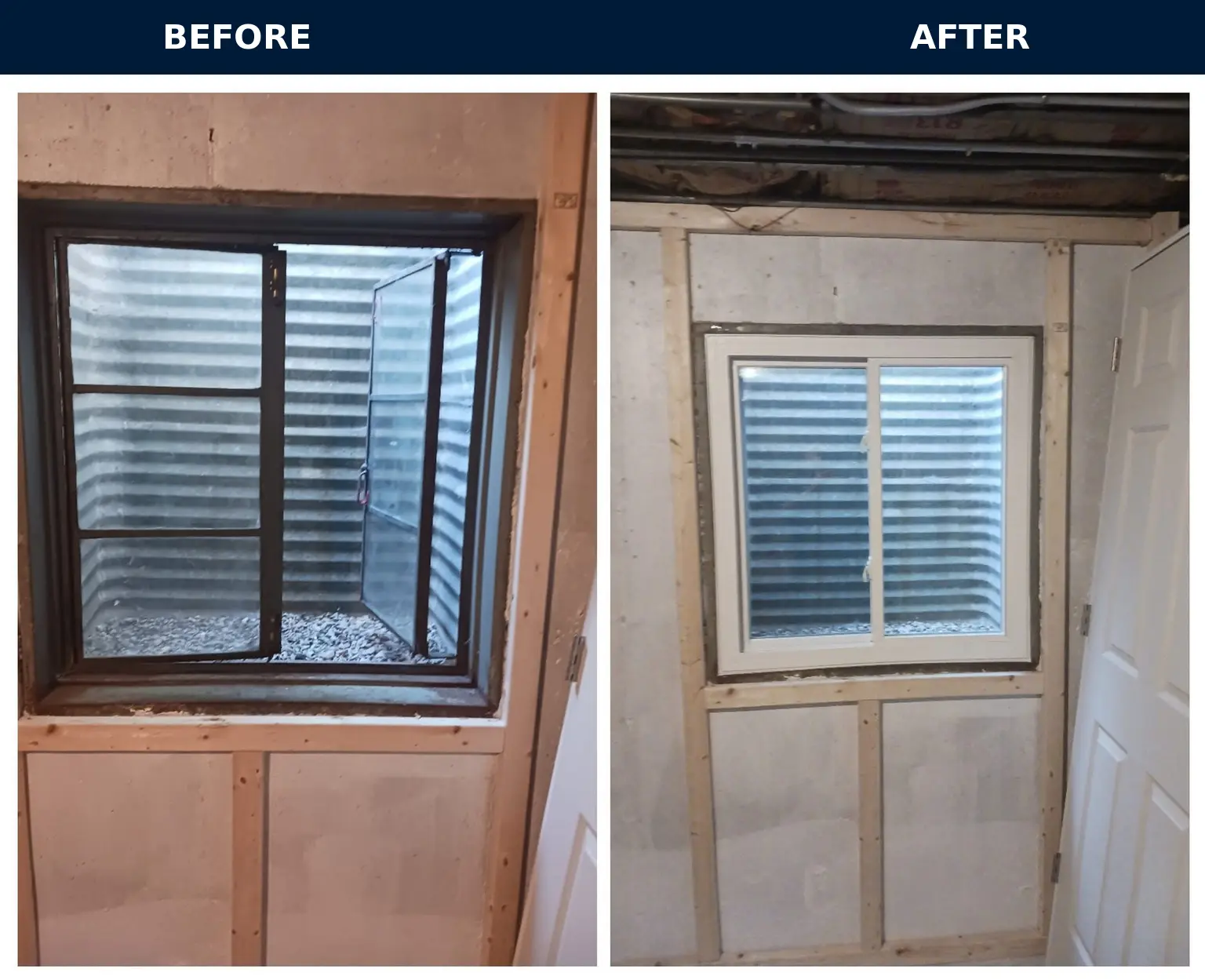Before and after of an egress basement window replacement in a finished lower level